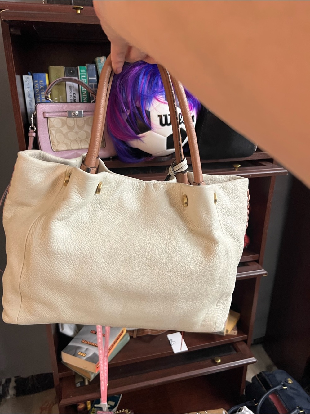 Furla Ivory Whipstitch Leather Tote with Tan Handles - Picture 4 of 10